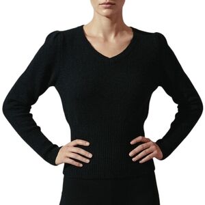NWT Molly Bracken Black Puff Sleeve Ribbed Waist Sweater Vneck Fuzzy Knit Top